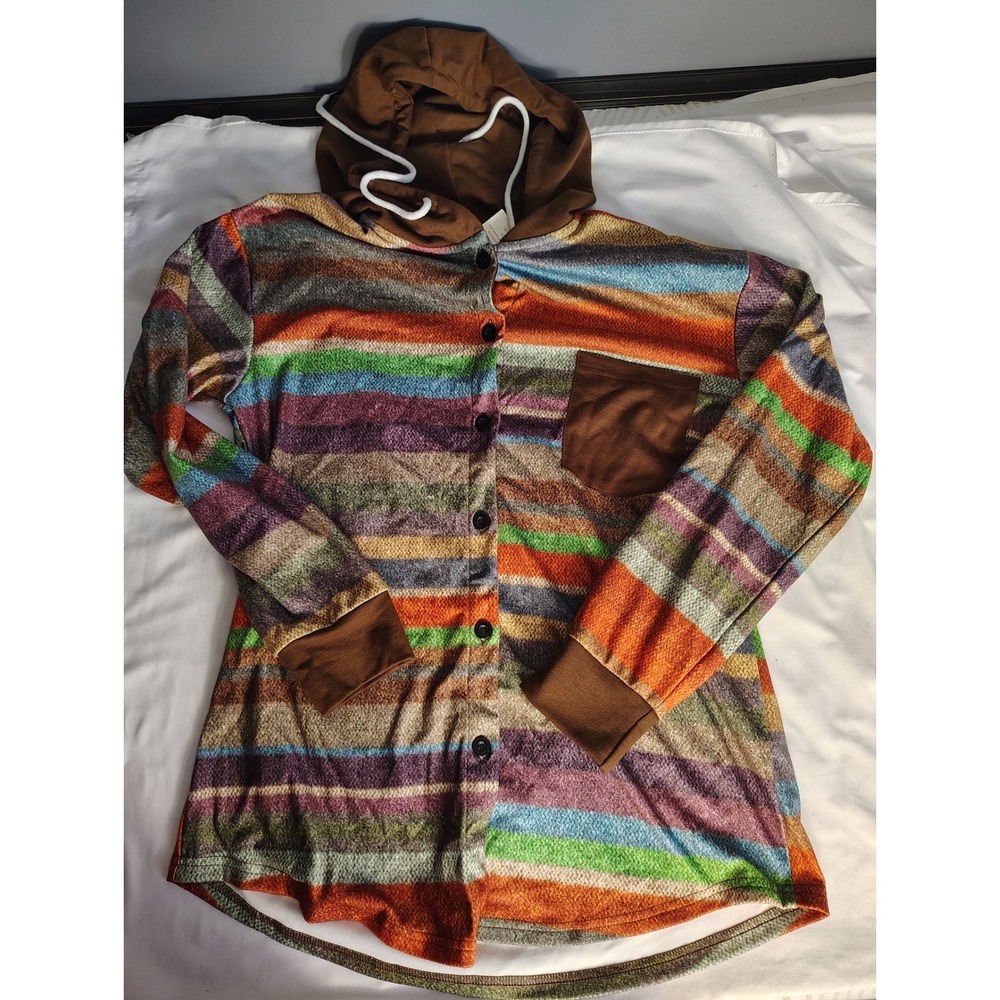 Exclusive Multi-Color Striped Button Up Hoodie Brown Contrast Size M